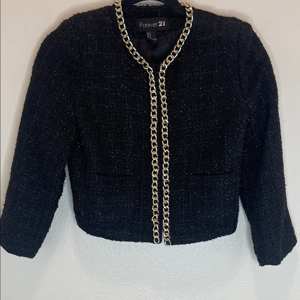 Forever 21 Black Tweed Jacket with Gold Chain Detail